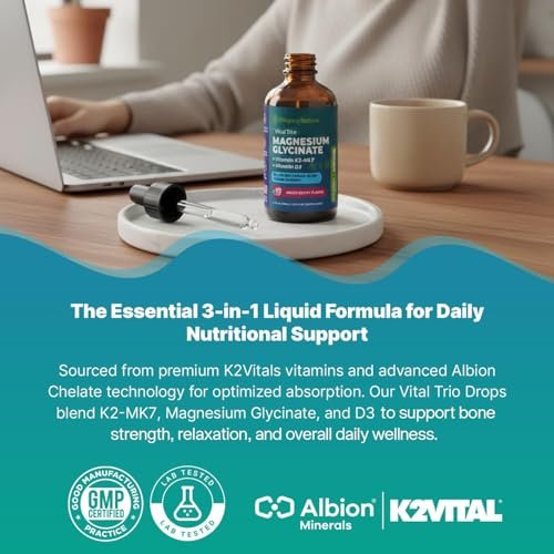 Magnesiumglycinat, Vitamin K2 & D3 Komplex – Vegan, GMO-frei – VIT D MK7 K2 Vitaminpräparat & Magnesium Mischung – mit Nährstoffen für Knochen, Schlaf & tägliche Entspannung (Waldbeere, 60 ml)