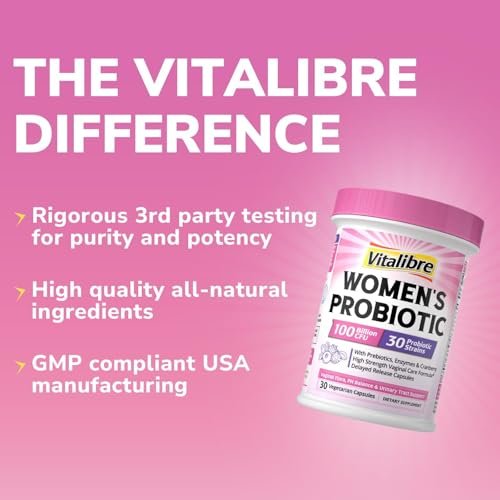 Vitalibre Probiotika für Frauen – 30 Stämme, 100 Milliarden KBE, vaginale Probiotika mit Verdauungsenzymen, Präbiotika & Cranberry für die Gesundheit der Harnwege, pH-Gleichgewicht, 30 vegane Kapseln