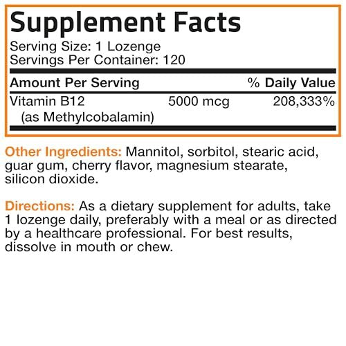 Bronson Methyl B12 5000 mcg – Vitamin B12 Methylcobalamin für Energie & Gehirnunterstützung, 120 Lutschtabletten
