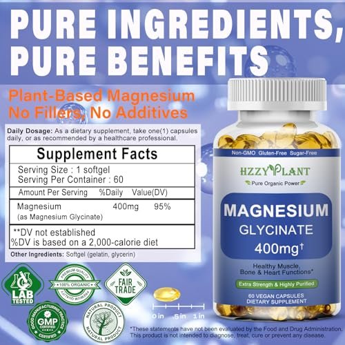 Magnesiumglycinat Weichkapseln – Hochabsorbierendes Magnesiumbisglycinat 400 mg für Muskeln, Herz, Schlaf & Knochen – Vegan, Nicht-GVO, 2 Monate Vorrat