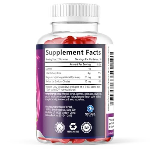 Magnesium Glycinat Gummis – Zuckerfrei – 100% chelatierte Magnesium Gummibärchen für maximale Aufnahme – für Schlafunterstützung & Herz-, Muskel- und Knochengesundheit – Sanft zum Magen, Traubengeschmack – 60 Gummis