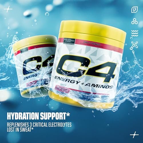 C4 Energy + Aminos Pulver, 5g BCAAs & EAAs für die Muskelregeneration, 3 Elektrolyte für die Hydration, 100 mg natürliches Koffein, Pre-Workout, Zuckerfrei, 30 Portionen, Fruchtpunsch