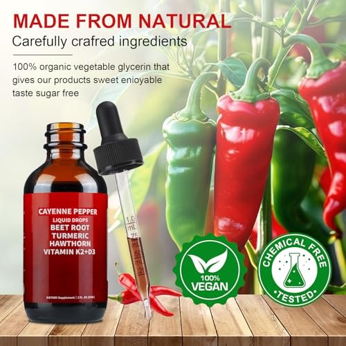 Cayenne Pfeffer Tropfen, Cayenne Pfeffer Weißdorn Rote Bete Kurkuma Curcumin, Vitamin K2 & D3, Nahrungsergänzungsmittel, Sanfte Formel, Vegan, Leicht Absorbierbar - 60 ml