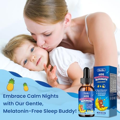 Hovika Kids Magnesium Glycinate Liquid mit L-Theanin Omega-3, Vitamin B6, D3, Zink – Magnesium-Tropfen für Schlaf, Entspannung, Ruhe & Konzentration, 2 Fl Oz Ananasgeschmack