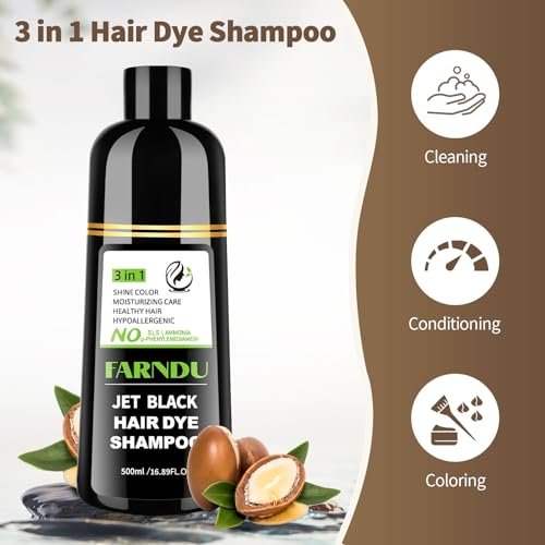 Farndu Jet Black Haar Tönungs Shampoo – Ammoniakfrei & PPD-frei, Natürliche Kräuter 3-in-1 Haarfarben Shampoo für Graue Haare bei Frauen und Männern