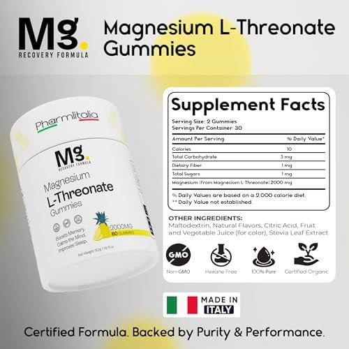 Magnesium-L-Threonat-Gummibärchen für Erwachsene & Kinder 2000 mg – Gehirn-Nahrungsergänzung für Gedächtnis und Konzentration – Beruhigende Magnesium-Gummis für besseren Schlaf und einen gesunden Geist – 60 Stück (Packung mit 1)