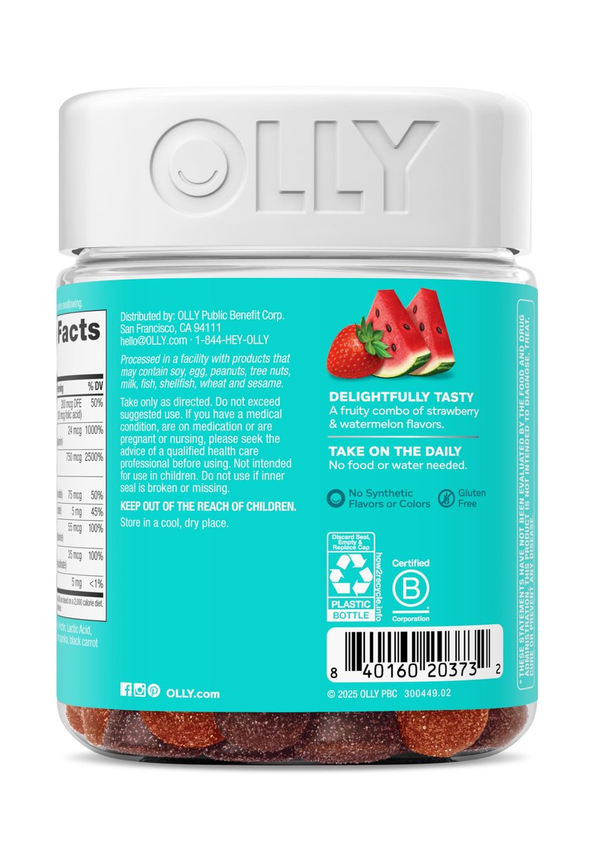 OLLY Teen Girl Multi Gummy – Multivitamin für gesunde Haut & Immunsystem, mit Biotin, Zink, Erdbeer-Melonen-Geschmack, 100 Stück (50 Tage Vorrat)