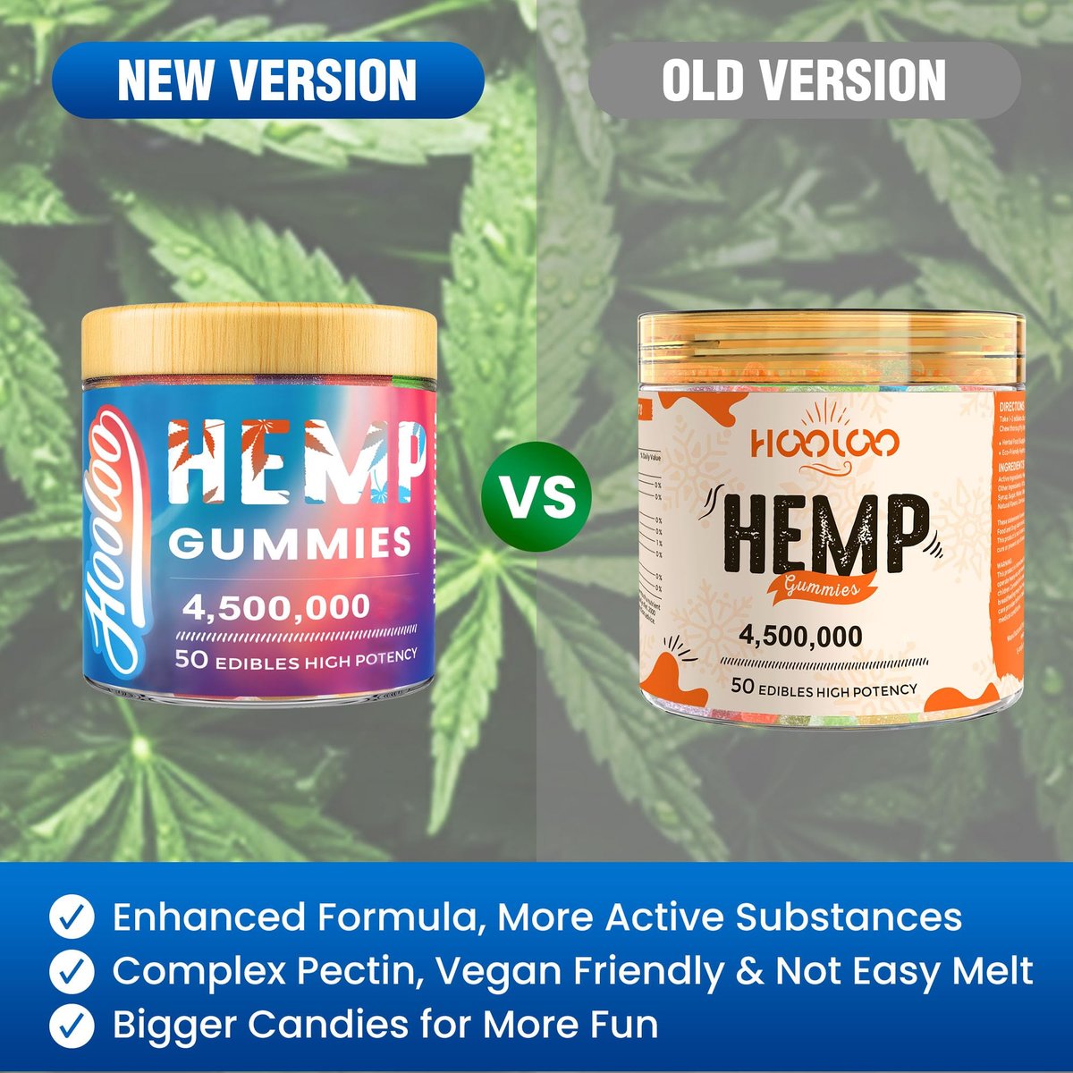 HOOLOO Hanf-Gummis für tiefe Nächte, Entspannung, Fokus - 6 Fruchtgeschmacksrichtungen, große Würfel, angereichert mit Vitaminen und Omega 3 - Extra stark 4.500.000 für Erwachsene - Hergestellt in den USA