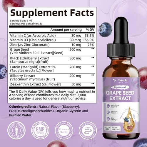 Totaria Traubenkernextrakt flüssige Tropfen | Hochdosiert 95 % Polyphenole Antioxidans für Haut, Herz & Immunsystem | Vegan, glutenfrei, alkoholfrei & ohne Gentechnik | 60 ml