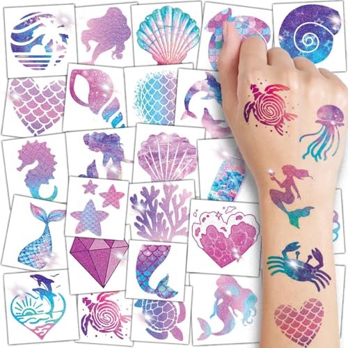 CHARLENT Glitzer Meerjungfrau temporäre Tattoos für Kinder - 74 einzelne Blätter Glitzer-Tattoos für Kinder Meerjungfrau Geburtstagsdekorationen - görsel 10