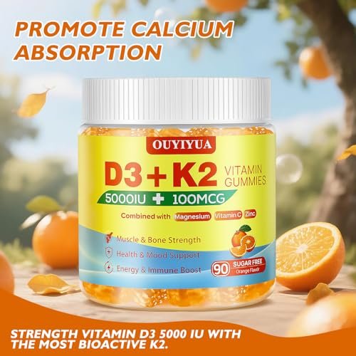 OUYIYUA Vitamin D3 K2 Gummies – 5000IU D3 + 100mcg K2 (MK-7) für Erwachsene | Immunsystem, Knochen & Muskeln | 90 Stück