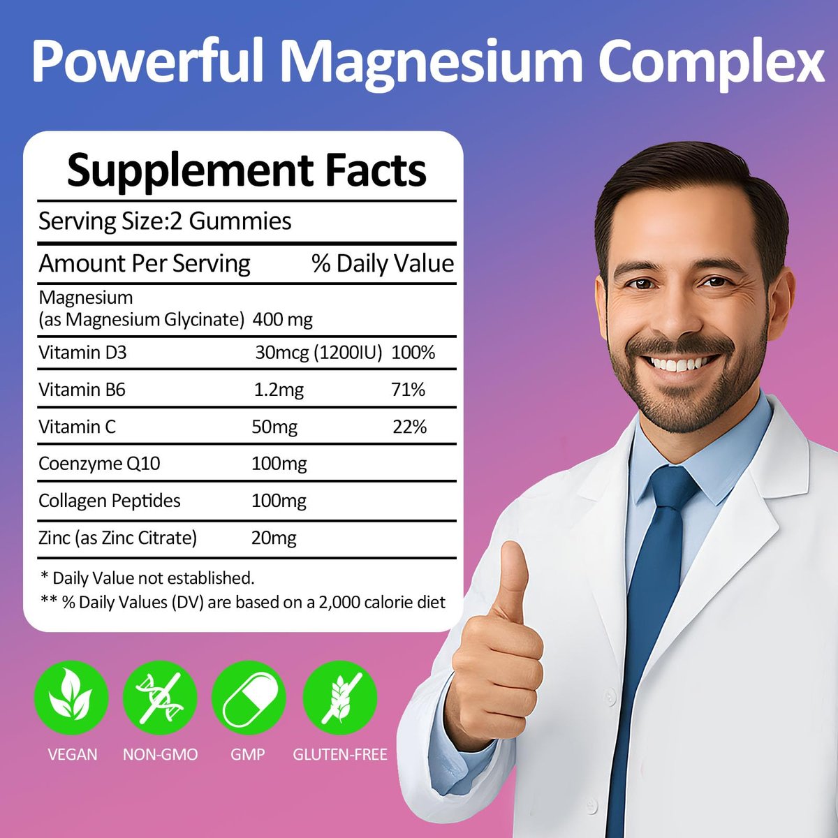 Magnesium Glycinat Gummies 400mg – Zuckerfreie vegane Gummibärchen für Erwachsene & Kinder mit Vitamin D3, B6, C, CoQ10, Kollagen, Zink – Schlaf, Muskeln, Knochen & Gedächtnisunterstützung – 60 Himbeer-Kaubonbons