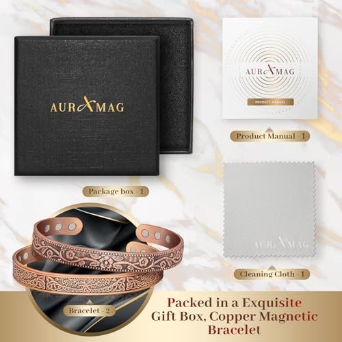 Kupfer Armreif für Damen, Magnetischer Armreif mit 3500 Gauss Magneten, 100% reines Kupfer Schmuck mit Geschenkbox (Set mit 2)