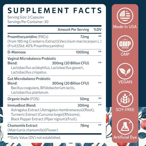 Elystrixionis 72mg PAC Cranberry Kapseln für Frauen - Organischer Cranberrysaft Extrakt plus 1000mg D-Mannose, Unterstützt die Gesundheit der Harnwege, Cranberry Nahrungsergänzungsmittel - 90 Kapseln