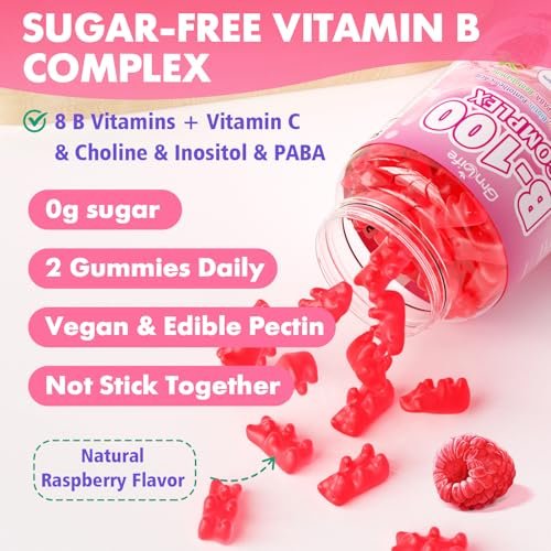 GrnLife Vitamin B Komplex Gummis – Alle B-Vitamine + Methyl B12, B1, B2, B3, B5, B6, Biotin, Methylfolat, Vitamin C, Cholin, Inositol, PABA für Energie & Immununterstützung, Himbeergeschmack, 60 Stück