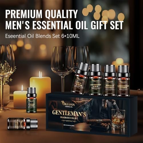 Herren Ätherische Öle Geschenkset, Premium Duftöle für Diffuser zu Hause, Kerzen- & Seifendüfte, Agarholz & Leder, Tabak & Vanille, Sandelholz & Amber, Zypresse & Salbei, Rum & Moschus, Zedernholz & Oud