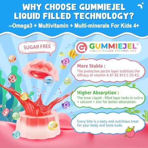 Nextdia Omega-3 (EPA/DHA) Gummis für Kinder & Teenager mit Multivitamin, Calcium + D3 + K2 + Zink, plus Vitamin A, B1, B2, B12, C, Selen, Jod – für Gehirn, Augen, Knochen, Energie – ohne Fischgeschmack, zuckerfrei, 60 Stück