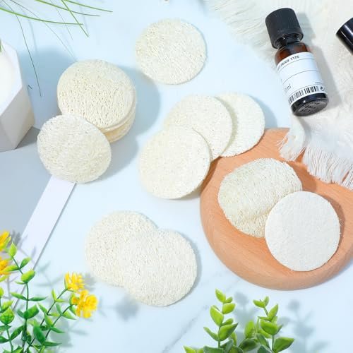 Nogeqi 30 Stück 5,5 cm Natürliche Luffa-Schwamm-Pads für die Gesichtsreinigung, Peeling Körper- und Gesichtspeeling-Pads für Make-up-Entfernung und abgestorbene Hautzellen für Damen und Herren (eine Seite aufgeweicht)