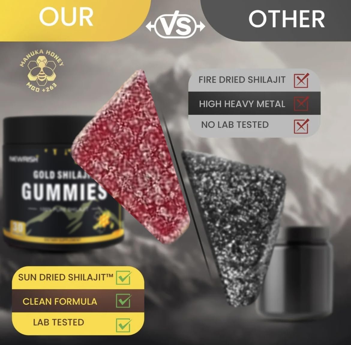 Newrish Shilajit Gummies mit Manuka Honig – Himalaya Shilajit, Ashwagandha, Gokshura, Fulvinsäure & 85+ Spurenelemente – 100% natürlich & bio – ohne Zuckerzusatz – 30 Gummis für Männer & Frauen