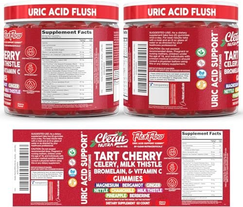 Clean Nutra Sauerkirsch-Gummis mit Harnsäure-Flush: Sellerie, Mariendistel, Bromelain, Vitamin C, Magnesium, Bergamotte, Ingwer, Brennnessel, Kamille, Berberin, Quercetin – 60 vegane Gummis