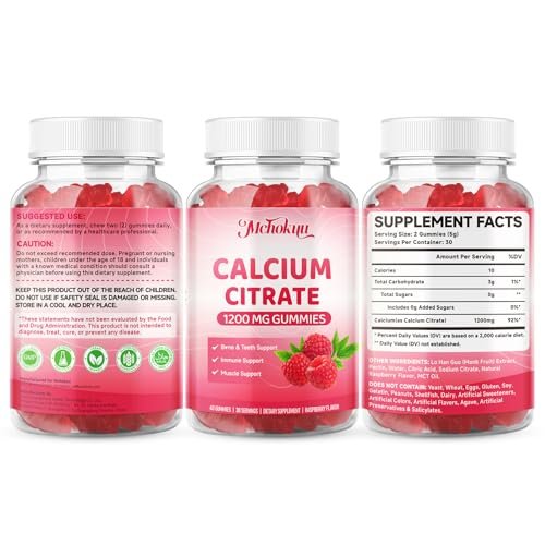 Calcium Citrat Gummibärchen 1200 mg – Zuckerfreie, kaubare Calciumergänzung für Frauen & Männer, unterstützt Knochen-, Muskel- und Immunsystem, ohne Gentechnik, glutenfrei, natürlicher Himbeergeschmack, 60 Stück