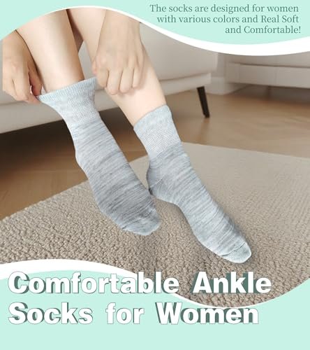 Damen Diabetiker Socken ohne Bündchen, weite Dehnung für Senioren, Schwangere, Extra Breite, Freizeit-Söckchen, Grau, 4 Paar, Größe 9-11