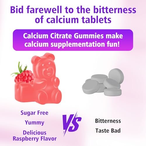 BVIVLOO Calcium Citrate Gummies 1200mg – Hochdosiertes Calcium für Knochen & Zähne, vegan, zuckerfrei, Himbeergeschmack, 60 Stück