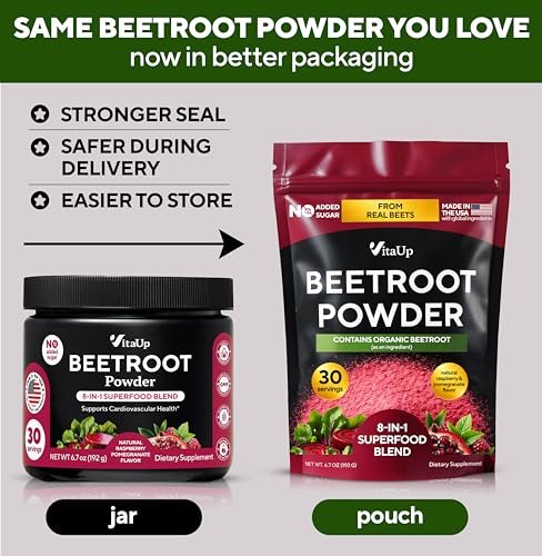 VitaUp Rote-Bete-Pulver 8-in-1 – Hergestellt in den USA, mit Traubenkern, Weißdorn, CoQ10 – Bio-Rote-Bete für normale Durchblutung & Energie – 30 Portionen