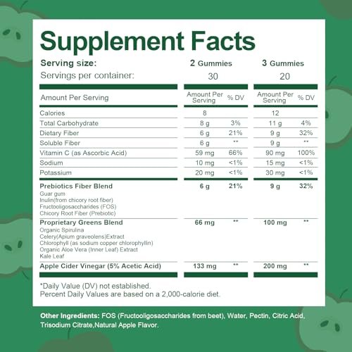 9G Ballaststoff-Gummis für Verdauungsgesundheit & Regelmäßigkeit – Ohne Zuckerzusatz, Apfelgeschmack – Präbiotisches Ballaststoffpräparat mit Grünzeug – Tägliche Gummis für Erwachsene, Frauen & Männer – 60 Stück