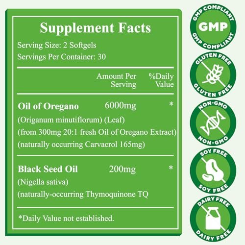 Oreganoöl mit Schwarzkümmelöl, 6000 mg Oreganoöl Kapseln Bio mit Carvacrol & Thymochinon, 2-in-1 Nahrungsergänzungsmittel für die Immunabwehr, Nicht-GVO, Leicht zu Schlucken, 2 Flaschen, Insgesamt 120 Softgels