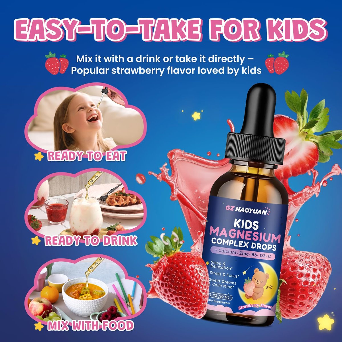 Magnesium Flüssigtropfen für Kinder – Magnesiumglycinat, Citrat, Calcium, Omega-3, L-Theanin, Zink, Vitamin B6, D3, C für Schlaf, Entspannung, Ruhe & Konzentration, Erdbeergeschmack, 60 ml - görsel 14