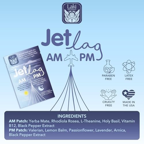 Laki Naturals Jet Lag AM & PM Travel Patches (1 Pack, 8 Stück) – Natürliche Tages- & Nachtunterstützung für Reisende – Energie, Fokus & erholsamer Schlaf – mit B12, Baldrian, Lavendel & mehr