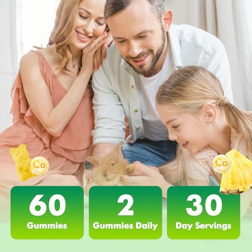 VCCHUYH Calcium Citrate Gummies 1200 mg – Zuckerfreie Calcium Gummies für Erwachsene & Kinder, Kauenzyme Calcium Ergänzung für Frauen, Knochen & Immununterstützung, Ananasgeschmack, 60 Stück
