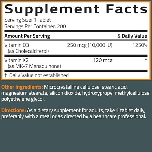Bronson Vitamin K2 (MK7) mit D3 Extra starke 2-in-1-Unterstützung, 10.000 IE Vitamin D3 & 120 mcg K2 MK-7, 200 Tabletten