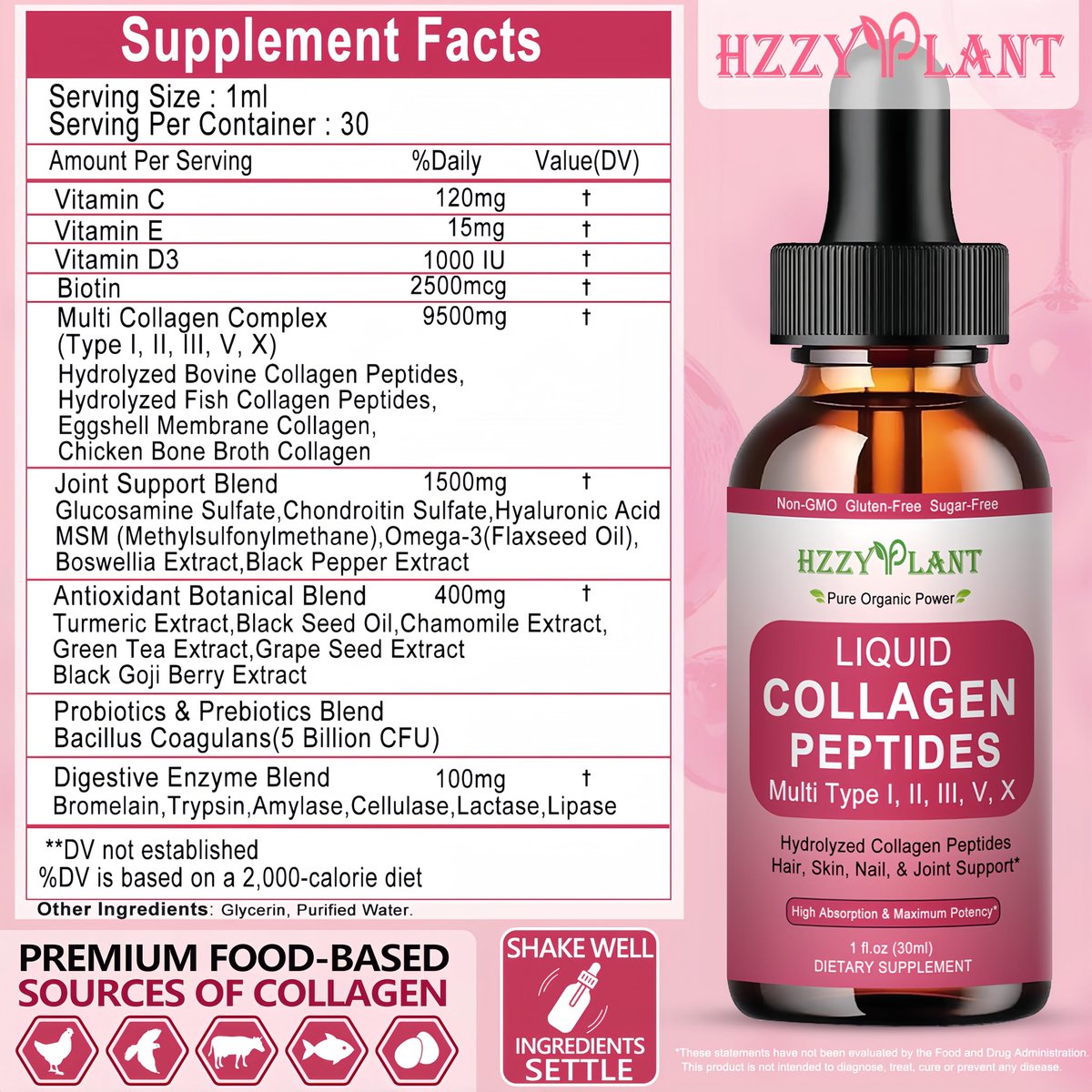 Flüssiges Multi-Kollagen-Peptid für Frauen – Typ I, II, III, V, X mit Glucosamin, MSM, Hyaluronsäure – Hochabsorbierende hydrolysierte Kollagen-Tropfen für Haut, Haare, Nägel & Gelenke – Non-GMO
