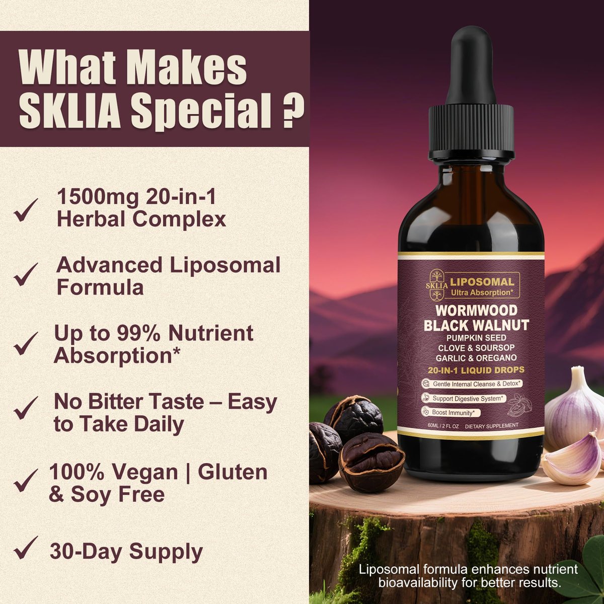 SKLIA 20-in-1 Liposomale Wermut-Black Walnut Reinigung für Menschen – Tropfen zur schnellen Darmreinigung & Verdauungsunterstützung mit Nelke, Berberin, Knoblauch, Soursop, Ulme, Oregano – Schnell absorbierend 2 Fl Oz