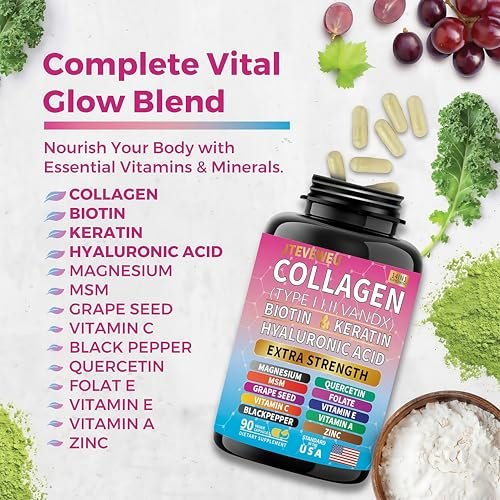 JTEVEweu Kollagen Komplex – Typen I, II, III, V & X, MCG Biotin, Keratin, Hyaluronsäure, Zink, Traubenkernextrakt, Quercetin, Vitamin A, C, E, Magnesium, Folsäure (90 Kapseln)