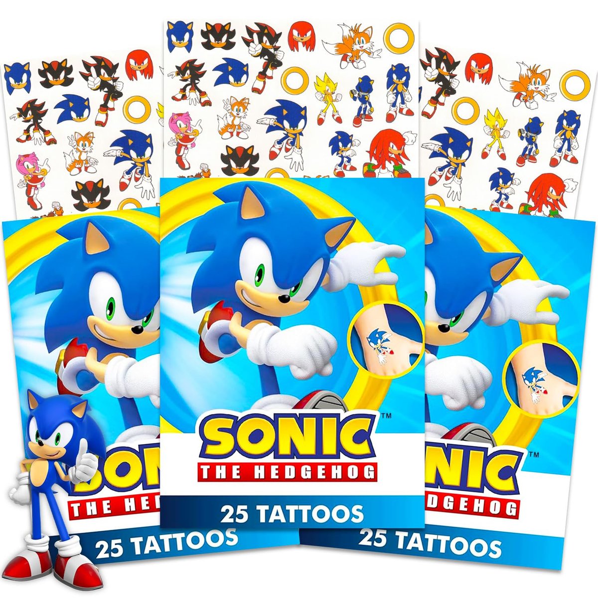 Sonic The Hedgehog Temporäre Tattoos für Kinder und Erwachsene - 75 Stück für Partygeschenke, Goodie Bags und mehr | Sonic Partyzubehör-Bundle