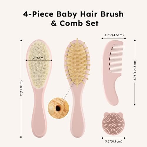 Yoofoss 4-teiliges Babyhaarbürsten- und Kamm-Set – Holzhaarbürste mit natürlicher, ultraweicher Ziegenhaarborste, Babykamm-Set für Jungen und Mädchen – Rosa