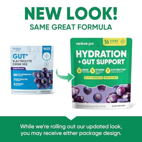 Venture Pal 2-in-1 Hydration Packets + Gut Health Electrolytes Powder - 7 Elektrolyte & 5 Vitamine, Probiotika - Zuckerfreies Flüssigkeits-Getränk für Dehydrierung | Non-GMO | 16 Sticks