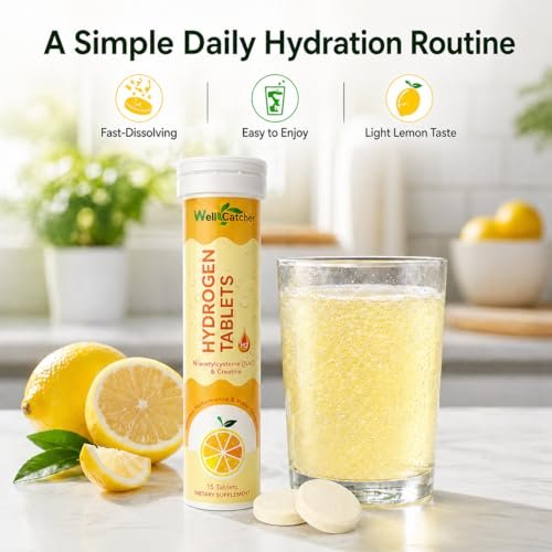 Wasserstoff Tabletten für Trinkwasser: Molekulare Wasserstoff Tabs 12,4 PPM mit Magnesium, NAC, Kreatin – Antioxidantien, Zellgesundheit, Erholung, Kognitive Funktion, Vegan, Bio-Zitronengeschmack