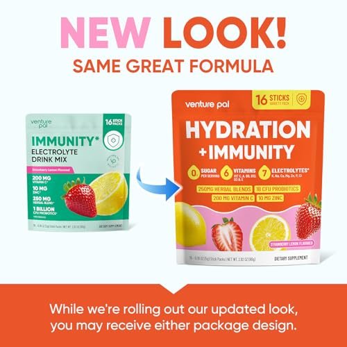 Venture Pal 2-in-1 Hydration + Immune Elektrolytpulver Beutel mit 7 Elektrolyten & 6 Vitaminen, Holunderbeere, Kurkuma, Echinacea | Flüssiger täglicher IV Drink Mix | Zuckerfrei | Keto-freundlich, 16 Sticks