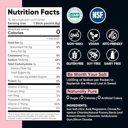 Venture Pal High Sodium Zuckerfreie Elektrolyte Pulver Beutel – Null Kalorien Hydrationspackung mit Vitaminen, Natrium, Kalium & Magnesium – Elektrolyt-Getränkemischung – Vegan & Keto-freundlich – 30 Beutel