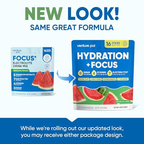 Venture Pal 2-in-1 Hydration & Fokus Elektrolytpulver – 7 Elektrolyte + Vitamine, Magnesium, Löwenmähne & L-Theanin | Zuckerfreier Flüssig-IV Drink Mix, Vegan, Keto, 16 Sticks