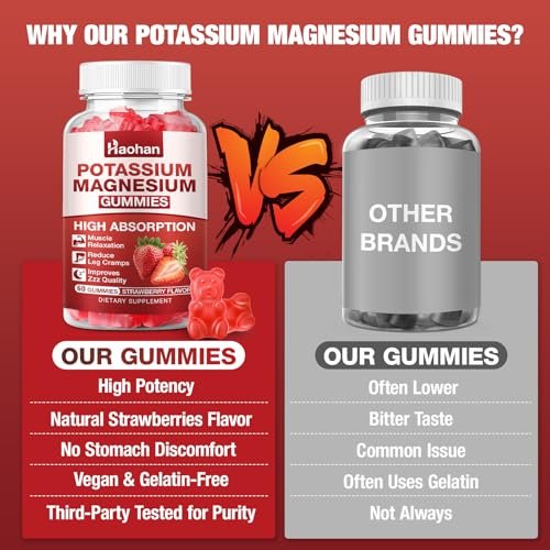 Kalium Magnesium Gummibärchen mit Elektrolyten & Vitaminen – Magnesiumglycinat, Kaliumcitrat, Calcium, Vitamine B6, D3 & K2 für Muskelfunktion & Erholung – Vegan, Erdbeer, 60 Stück