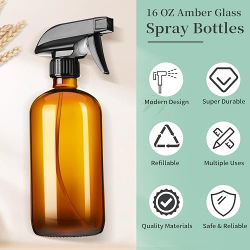 GIVAMEIHF 16oz Amber Glas Sprühflasche, 1 Pack Nachfüllbare Glassprühflasche mit Verstellbarer Düse, Sprühflasche für Ätherische Öle, Reinigung, Haare, Pflanzen