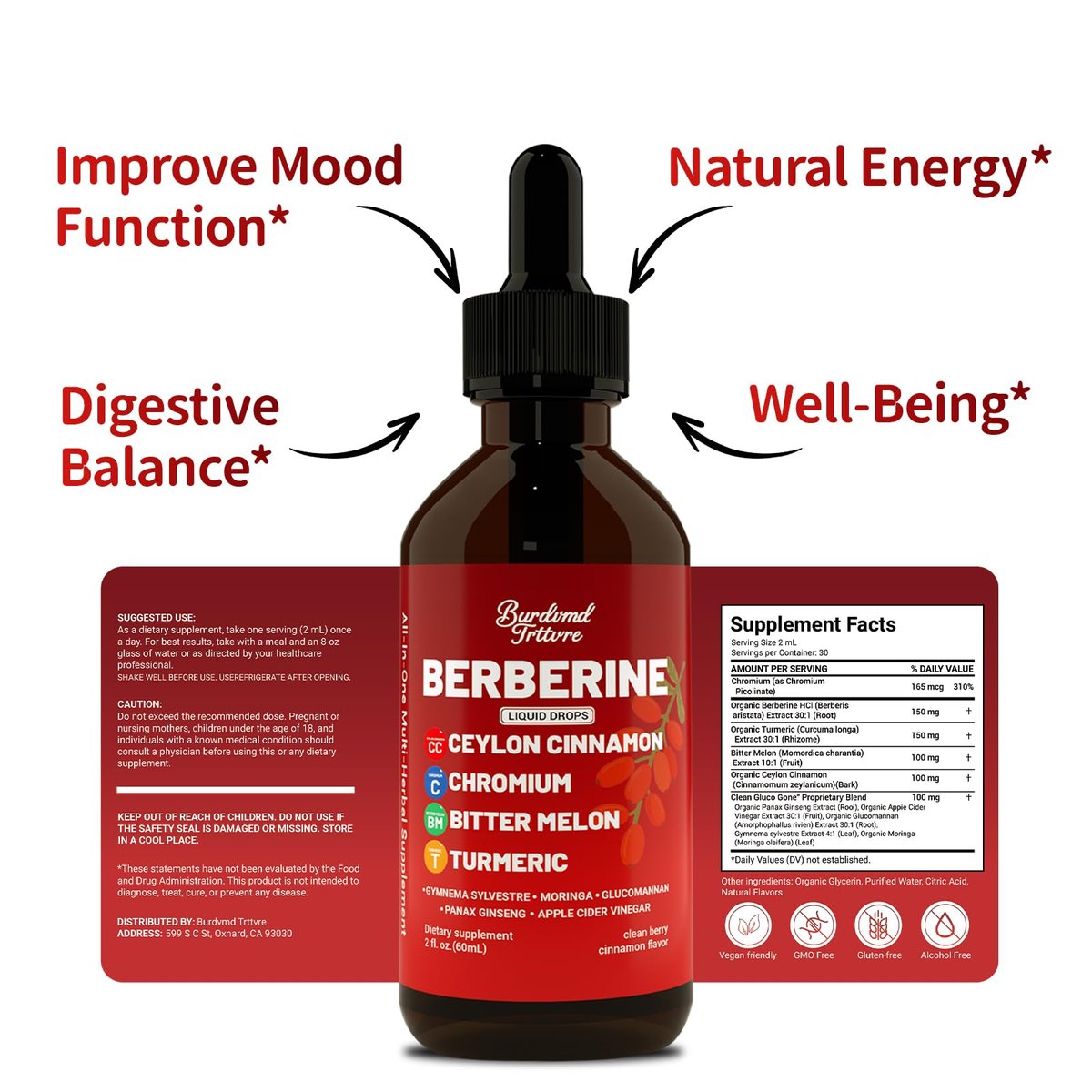 Berberin-Tropfen mit Ceylon-Zimt, Berberin HCL, Chrom, Bittermelone & Kurkuma – flüssige Nahrungsergänzung für Immunsystem & Stoffwechsel, schnelle Aufnahme – 118 ml