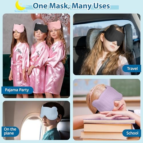 Kinder Schlafmaske, 3D Schlafaugenmaske für Kinder mit verstellbarem elastischem Band, Bärenförmige Augenabdeckung mit Memory-Schaum, Weich & Lichtblockierend, Geschenk für Jungen Mädchen Teenager Alter 5–15 (Blau)