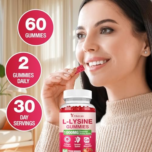Yikecao L-Lysin 1000mg Gummis – Zuckerfreie, vegane Lutschgummis für Lippen & Haut, Immunsystem-Unterstützung, essentielle Aminosäure, Erdbeergeschmack, 60 Stück