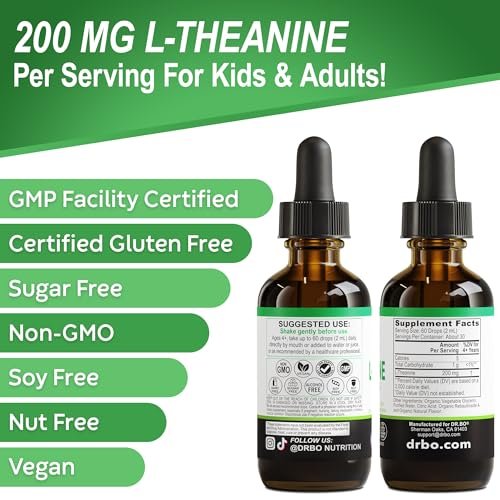 L-Theanin 200mg flüssige Tropfen – natürliche Schlafunterstützung & Fokus Ergänzung für Kinder & Erwachsene – Vegan, Non-GMO, glutenfrei, reine L-Theanin Tropfen, Stimmungs-Ltheanin für Kinder, 60 ml